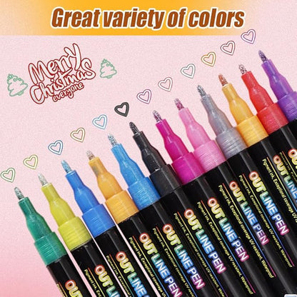 Marker Pen for Highlight, Outline Shimmer Markers Double Line Self-Outline Metallic Glitter Pens Super Squiggles Glitter Marker Set for Card Scrapbook Craft Arts Supplies, Gifts for Kids Teen Girl(36)