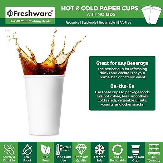 Freshware Coffee Cups 16 oz [100 Pack] Disposable Paper Cups for Hot or Iced Coffee Cup, Slushie Cup, Milkshakes, Smoothies, and Tea