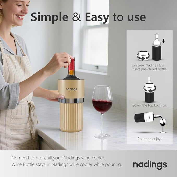 Wine Chiller for 750ml Bottles | Portable & Iceless, Keeps Wine/Champagne/Beer Cold 6+ Hours | Vacuum Insulated Stainless Steel | Ideal for Outdoor, Parties & Gifts – Champagne