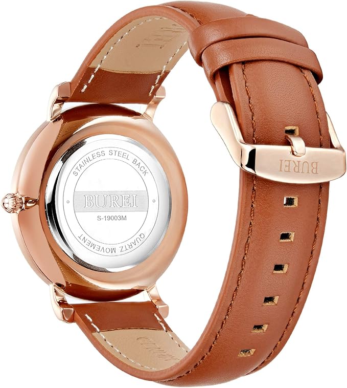 BUREI Men Watches Brown Leather Fashion Minimalist Wrist Watch Simple Ultra Thin Waterproof Quartz Watches All Black Stainless Steel Mesh Band,Gift for Men Women