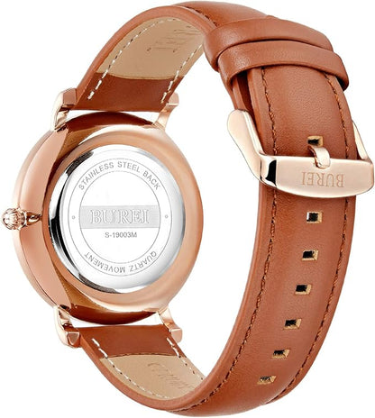 BUREI Men Watches Brown Leather Fashion Minimalist Wrist Watch Simple Ultra Thin Waterproof Quartz Watches All Black Stainless Steel Mesh Band,Gift for Men Women