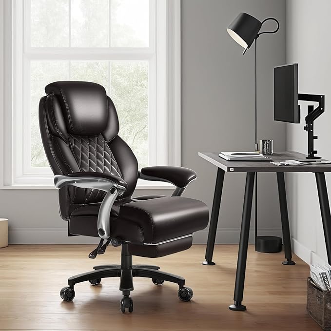 OFIKA 600lbs Big and Tall Office Chair with Foot Rest and Lifting Headrest,Large Heavy Duty Chair with Adjustable Lumber Support,Executive Office Chair,Leather Chair for Heavy People (Brown)