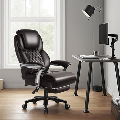 OFIKA 600lbs Big and Tall Office Chair with Foot Rest and Lifting Headrest,Large Heavy Duty Chair with Adjustable Lumber Support,Executive Office Chair,Leather Chair for Heavy People (Brown)