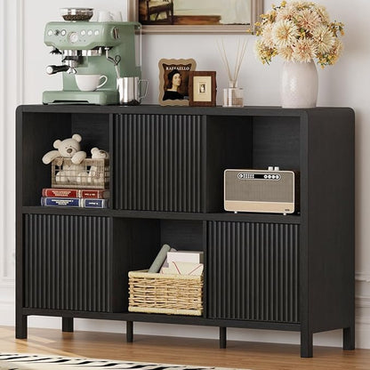 FATORRI 6 Cube Storage Organizer, Horizontal Bookcase with 3 Doors, Low Wood Bookshelf for Home Office, Bedroom, Living Room (Black)