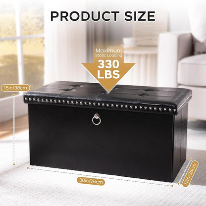 Folding Storage Ottoman Bench 30in, Leather Foot Rest Stools Ottoman with Storage, Coffee Table, End of Bed Bench Footstool for Living Room, Bedroom, Load 330 lb, 30x15x15 inches, Black