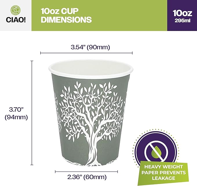 CIAO! 10oz Paper Hot Cup, Rooted Olive Print, (Case of 1,000)