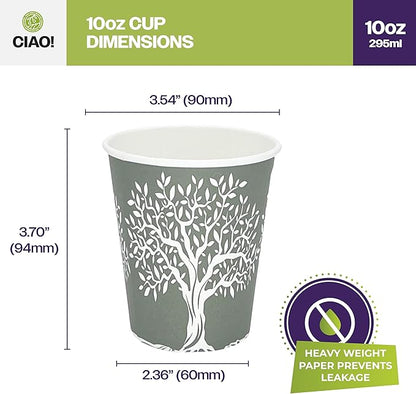 CIAO! 10oz Paper Hot Cup, Rooted Olive Print, (Case of 1,000)