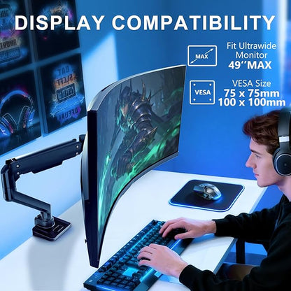 WALI Single Monitor Gas Spring Desk Mount, Heavy Duty Monitor Arm for Ultrawide Screen up to 49 inch, 44 lbs with USB. Fully Adjustable, Mounting Holes 75 and 100 (GSMU001XL), Black