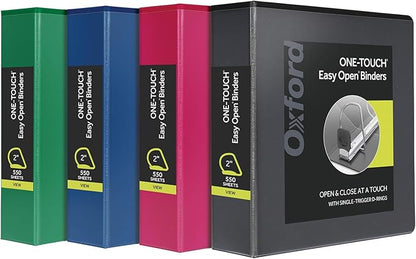 Oxford 3 Ring Binders, 2 Inch ONE-Touch Easy Open D Rings, 3-Sided View Binder Covers, Xtralife Hinge, Non-Stick, PVC-Free, Assorted Colors, 530-Sheet Capacity, 4 Pack (79912)