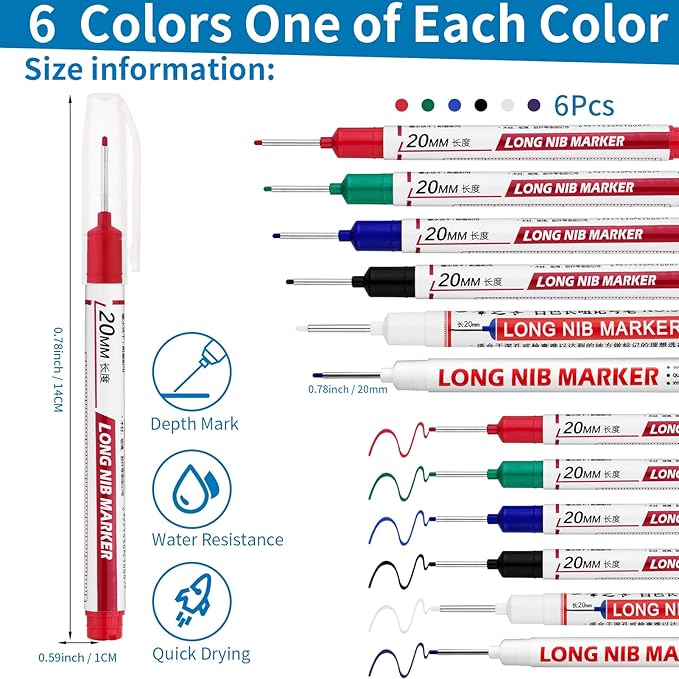 6 PCS Long Head Deep Hole Marker Pens,20mm Long Nib Marker, Longs Nose Markers, Waterproof Construction Markers Marking Tool,Permanent Markers Carpenter Ink marker Pens,Metal marking Pens