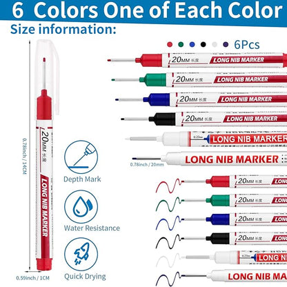 6 PCS Long Head Deep Hole Marker Pens,20mm Long Nib Marker, Longs Nose Markers, Waterproof Construction Markers Marking Tool,Permanent Markers Carpenter Ink marker Pens,Metal marking Pens