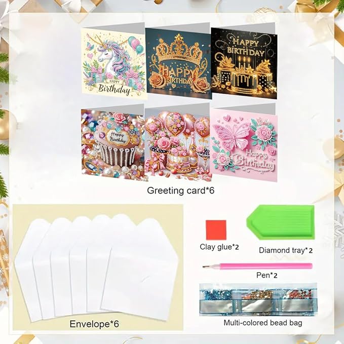 6PCS Diamond Art Painting Greeting Card Set, Birthday Pattern Cards with Envelopes,DIY Card Making Kits Thank You Card Arts Crafts for Birthday