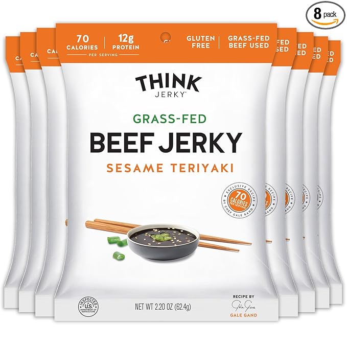 Think Jerky Sesame Teriyaki Beef Jerky, Grass-Fed High Protein Beef Jerky, Gluten Free, No Antibiotics or Nitrates, Healthy Chef Crafted Recipe, Low Calorie and Low Fat - 2.2 oz Bags, 8 Pack