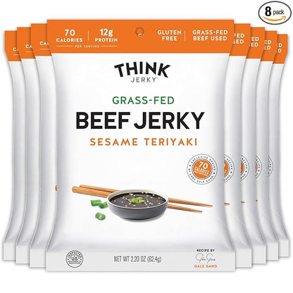 Think Jerky Sesame Teriyaki Beef Jerky, Grass-Fed High Protein Beef Jerky, Gluten Free, No Antibiotics or Nitrates, Healthy Chef Crafted Recipe, Low Calorie and Low Fat - 2.2 oz Bags, 8 Pack