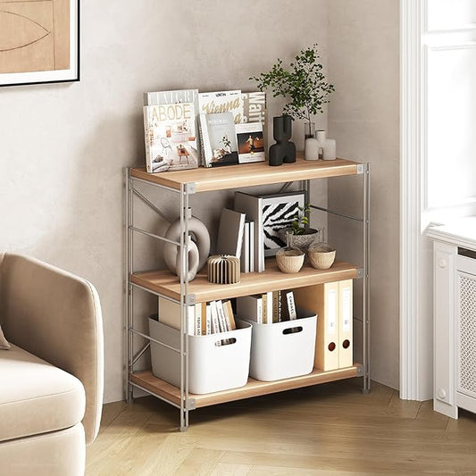 3-Tier Industrial Bookshelf, Modern Metal & Wood Storage Shelf, Compact Display Rack for Home, Office, Living Room & Bedroom, Sturdy Open Shelves for Books, Decor & More