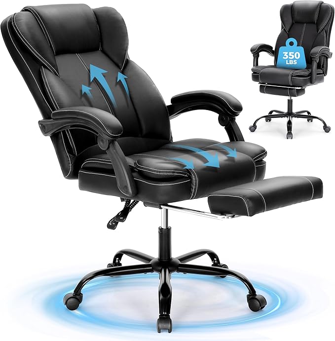 MAISON ARTS Ergonomic Office Chair, Big and Tall Executive Chair with Foot Rest, Computer Desk Chair with Padded Armrests, Rolling Swivel Faux Leather Chair for Home Office Man Woman, Black