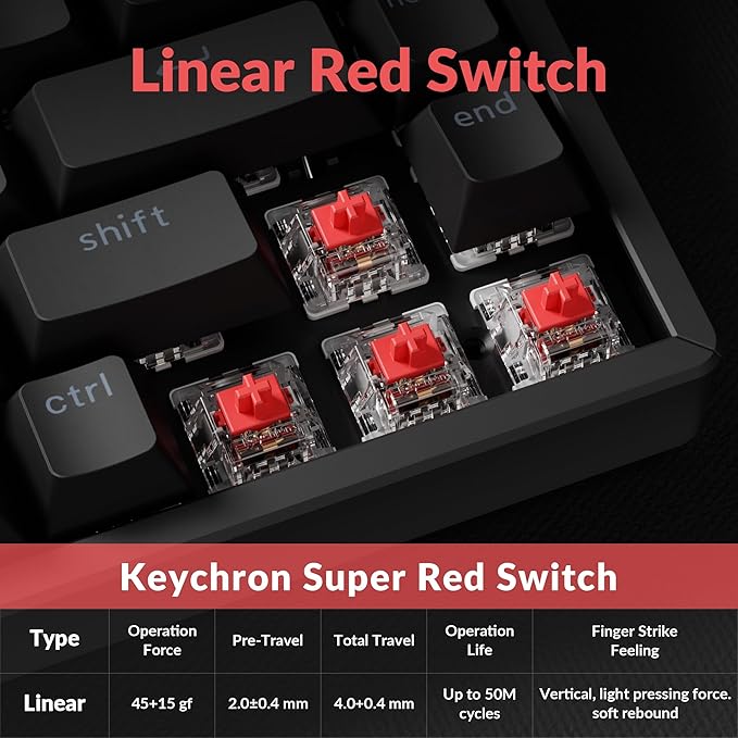 Keychron K2 75% Layout QMK Wireless and Wired Options Mechanical Keyboard Super Red Switch, Paired with Shine-Through Double-Shot PBT Keycaps for Mac Windows-Version 3