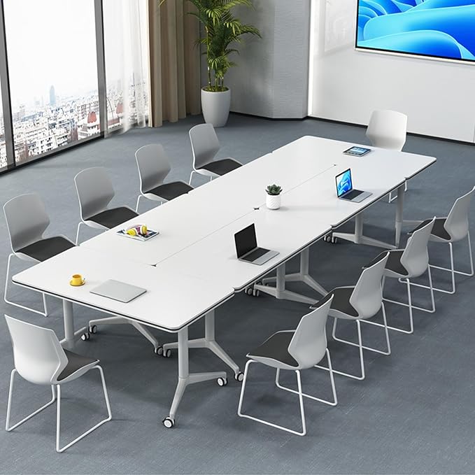 Conference Table, Folding Conference Room Tables on Wheels, Modern Meeting Seminar Table Computer Desk, Boardroom Desk for Office Meeting Conference Room,White,4 Pack 47.2inch