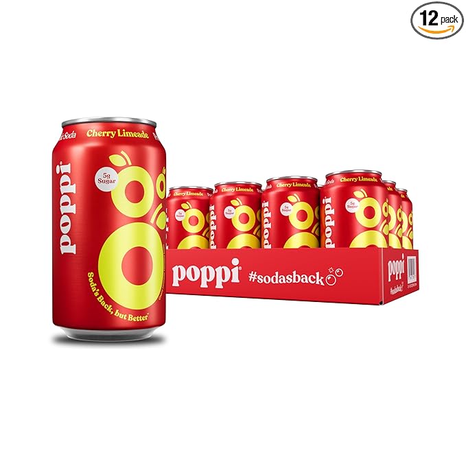 Poppi Sparkling Prebiotic Soda Beverage with Apple Cider Vinegar, Seltzer Water and Fruit Juice, Cherry Limeade Flavor, 12 Fl Oz, Pack of 12, Packaging May Vary