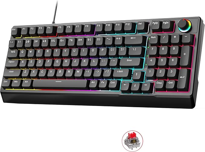 Mechanical Gaming Keyboard with Red Switches: 98 Keys PC Gaming Keyboard with Backlit，Multi-Function Volume & Lighting Knob,Anti-Ghosting Wired USB keybaord for Elite PC/Mac Gamers