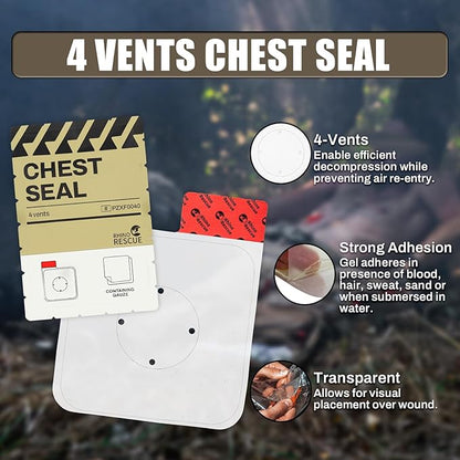 RHINO RESCUE Vented Chest Seal, 4 Vents, Sterile Emergency Trauma Dressing, Occlusive Adhesive Pad, IFAK Trauma Refill Medical First Aid Supplies for Wound Care, Gunshot Wound, Sucking Chest(20 Count)
