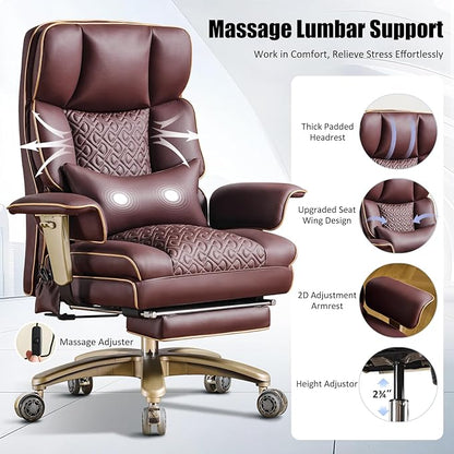 Ergonomic Executive Desk Chair with Adjustable Air Back Support, Luxury PU Leather Office Chair with Lumbar Massage High-Back 3-Level Tilt 360° Swivel Silent Wheels Height Adjustment,Footrest, Brown