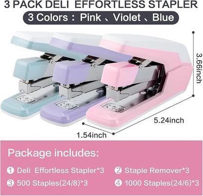 Deli Stapler, Effortless Staplers for Desk, 40-50 Sheet Capacity Heavy Duty, One Touch, No Effort, Easy to Load, with 1500 Staples & Staple Remover, 3 Pack, 3 Colors