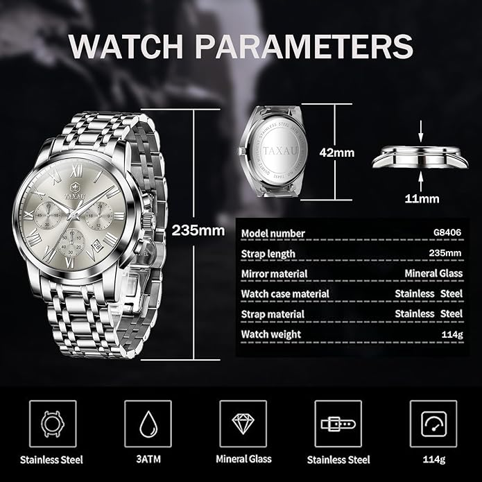 Mens Silver Watch Luxury Minimalist Dress Watch Classic Waterproof Watches for Men Analog Quartz Stainless Steel Men's Wrist Watches with Date Luminous Relojes para Hombres