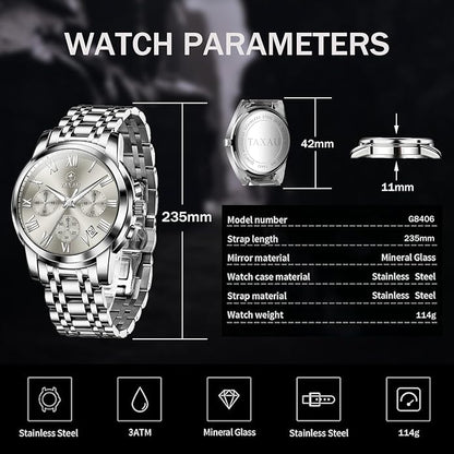 Mens Silver Watch Luxury Minimalist Dress Watch Classic Waterproof Watches for Men Analog Quartz Stainless Steel Men's Wrist Watches with Date Luminous Relojes para Hombres