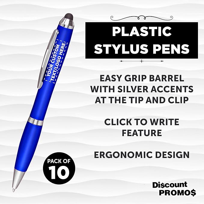 DISCOUNT PROMOS Custom Plastic Stylus Pens Set of 10, Personalized Bulk Pack - Black Ink, Great for Office, School, Business, Tradeshows, Events - Blue