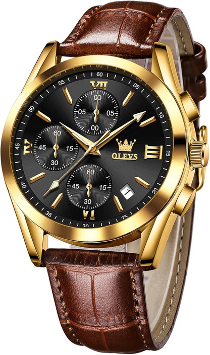 OLEVS Men's Chronograph Leather Watch, Big Face Easy to Read Analog Quartz Dress Watch, Casual Waterproof Luminous Hands Date Watches for Men, White/Blue/Black/Gold Dial