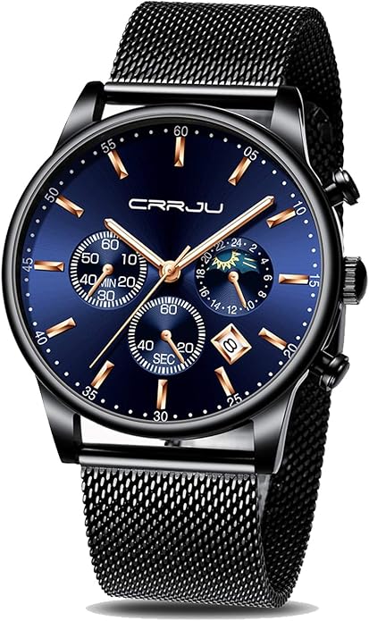 CRRJU Men's Fashion Casual Watches Auto Date Chronograph Watch Men Nice Work Watches Waterproof 30M Full Steel Quartz with Mesh Strap