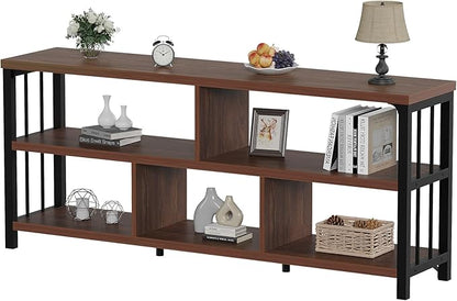 IBF Long Bookshelf, 63” Wide Low Open Book Shelf, Industrial 5 Cube Horizontal Bookcase for Bedroom Home Office, 3 Tier Wood Metal Cubby Storage Organizer Shelf for Living Room, Walnut, 63 Inch