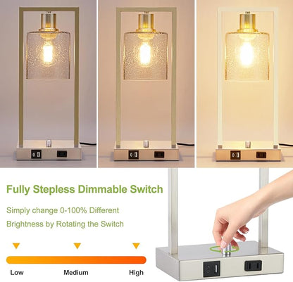 16" Set of 2 Nickel Industrial Table Lamps with USB A+C Charging Ports and AC Outlet, Fully Stepless Dimmable Bedside Lamps with Seeded Glass Shade for Bedroom Living Room Office, LED Bulbs Included