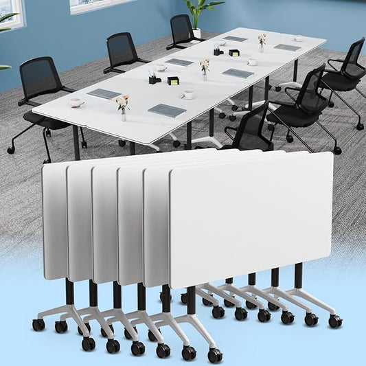 Conference Table, Foldable Conference Room Tables with Silent Wheels, Folding Modular Seminar Meeting Tables, Modern Rectangle Training Table for Office, Boardroom (6, White2, 55.1)