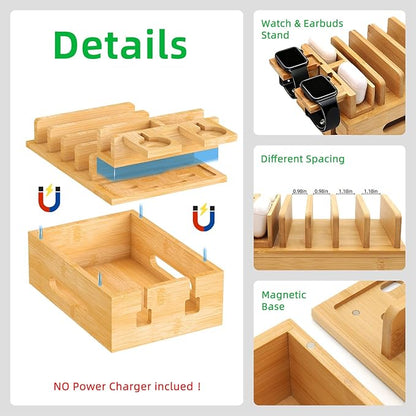 Bamboo Charging Stations for Multi Devices, Wood Desktop Docking Station Charger Organizer for Cell Phones, Tablets, Earphones, Watch (Includes 6 Charging Cables) (No Power Supply)
