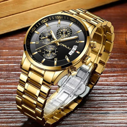 CRRJU Men's Fashion Stainless Steel Watches Date Waterproof Chronograph Wristwatches,Black Steel Band Waterproof Quartz Watch for Men
