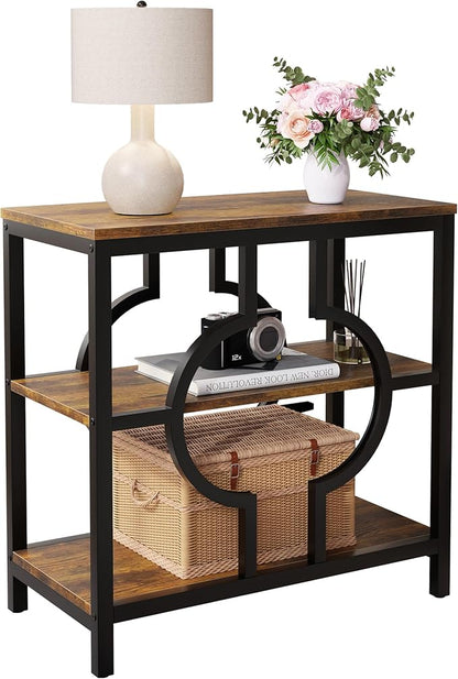 End Table, Narrow Side Table with 3-Tier Storage Shelves, Wood Sofa Side Table with Geometric Metal Frame for Living Room, Industrial Bedside Nightstand for Bedroom (Brown)