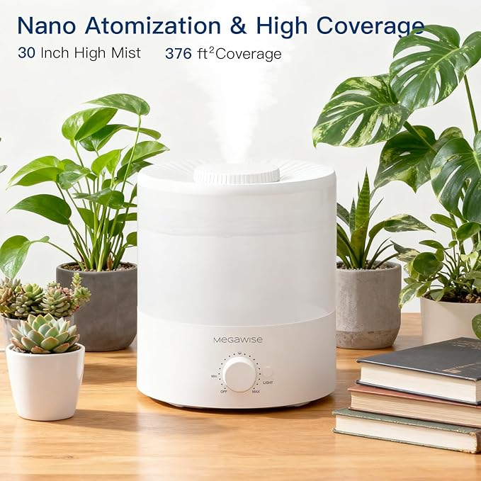 Megawise Cool Mist Humidifier with Top Refill Design, 2L Capacity, High Mist Output, No Leakage, and 7 Color Night Light