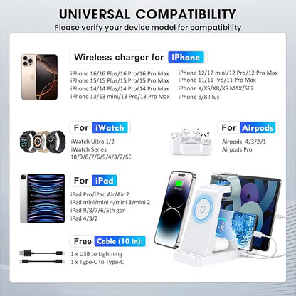 Wireless Charger for iPhone - 5 in 1 Charging Station for Multiple Devices Apple: Fast Wireless Charging Stand Dock for iPhone 17 16e 16 15 14 13 12 Pro Max Apple Watch Airpods(White)