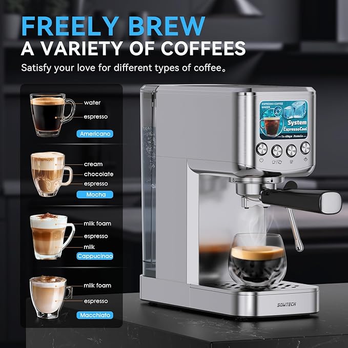 SOWTECH Espresso Machine 20 Bar, Compact Espresso Maker with Milk Frother, Stainless Steel Coffee Machine with 42 oz Water Tank for Cappuccino, Latte&Cold Brew, Home&Office, Silver