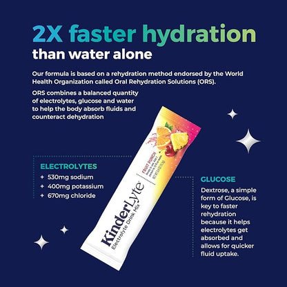 Kinderlyte Electrolyte Powder for Kids and Adults - Drink Mix Hydration Packets (Fruit Punch, 16 Count), No Artificial Sweeteners or Flavors, No Synthetic Dyes, Vegan, Non-GMO, Gluten-Free