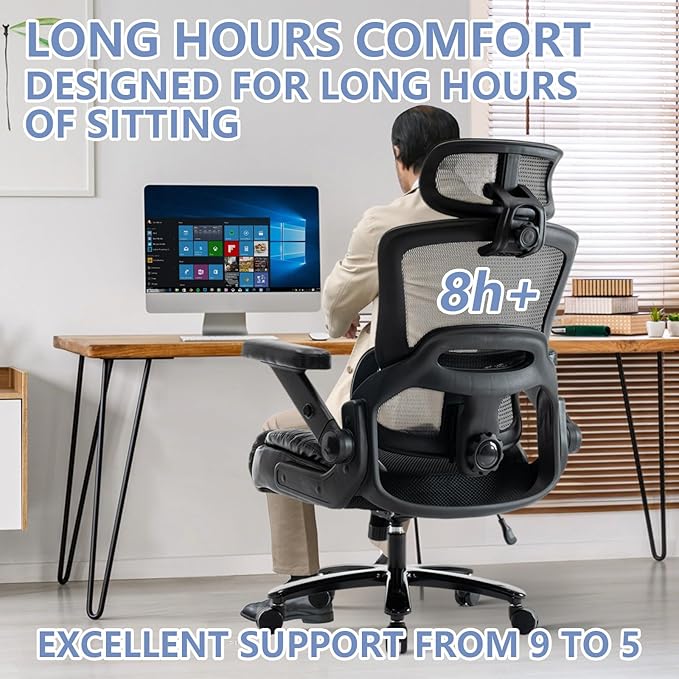 Ergonomic Office Chair with Flip-Up Arms, Mesh Back, Adjustable Headrest, Padded Seat Cushion, Lumbar Support, High Back Desk Chair for Home Office – 330lbs Capacity