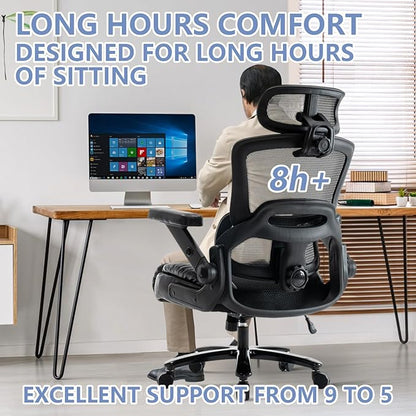 Ergonomic Office Chair with Flip-Up Arms, Mesh Back, Adjustable Headrest, Padded Seat Cushion, Lumbar Support, High Back Desk Chair for Home Office – 330lbs Capacity