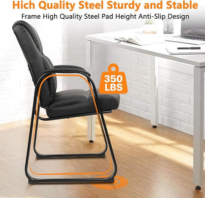 CLATINA Ergonomic Black Guest Chair with Arms Set of 4- Office Reception & Conference Seating, PU Leather Meeting Chairs with Sled Base for Waiting Rooms & Home Offices