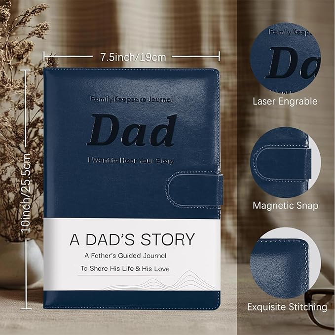 Artmag Dad's Life Story Journal with 250+ Prompt Questions, Family Keepsake Book Leather Cover for Dad to Share His Memories for Birthday Father's Day Christmas (Blue)