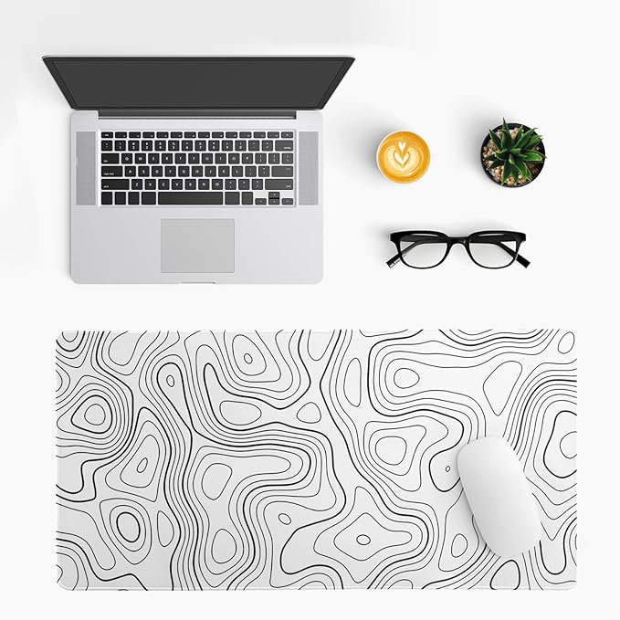 Topographic Contour Gaming Mouse Pad White Large Mouse Pad for Keyboard and Mousepad Desk Mat with 3mm Non-Slip Base and Stitched Edge for Gaming and Office Computer Mat Protector Mat 27.6x11.8 Inch