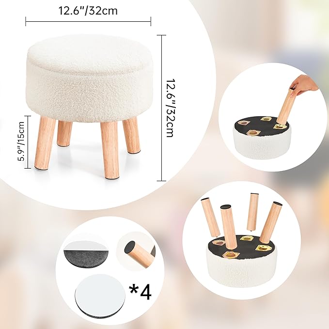 Poofzy Small Ottoman with Storage, Small Foot Stool Ottoman with Wood Legs, Sherpa Foot Rest for Couch, Living Room and Bedroom - White