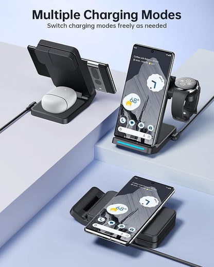 Foldable Wireless Charger for Google Pixel Watch 3/2, 3 in 1 Fast Charging Station Stand for Pixel 10 Pro XL/10 Pro/9/8/7 Pro/8a/8/7/6 Pro and Buds (Not for Pixel Watch 4/1) with QC Adapter