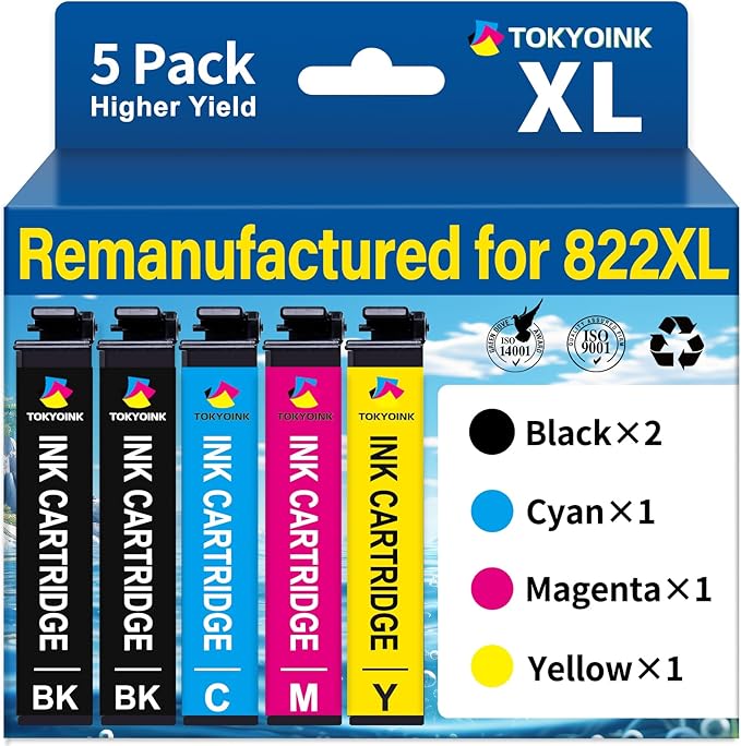 822XL Remanufactured Replacement for Epson 822XL Ink Cartridges Combo Pack Compatible for 822 822 XL T822XL Ink for Workforce Pro WF-3820 WF-4830 WF-4820 WF-4830 WF-4833 WF-4834 Printer (5 Pack)